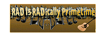 Logo in shades of brown, featuring the  title 'RAD Is Radically Primetime' . Behind the text in black, mirrored left and right from the 'i' of the word 'Radically' is a series of musical crotchet quaver notes using the 'butterfly effect'. An acoustic guiatar is located in the bottom right corner of the design. 
